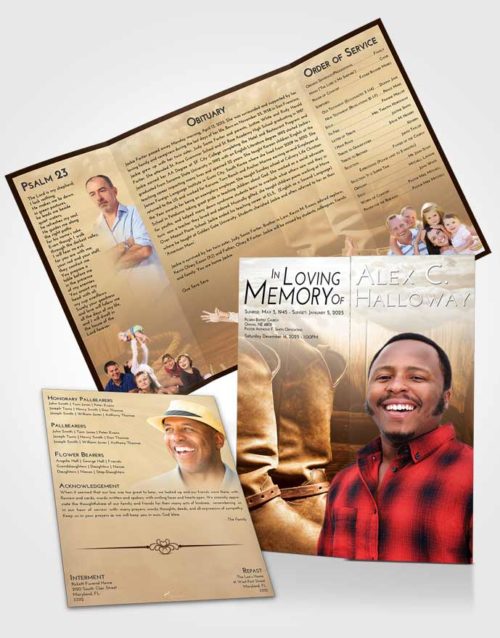 Obituary Funeral Template Gatefold Memorial Brochure Golden Peach Cowboy Love