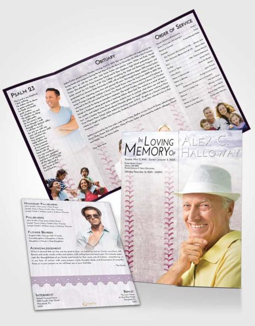 Obituary Funeral Template Gatefold Memorial Brochure Lavender Sunrise Baseball Honor