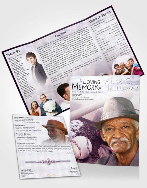 Obituary Funeral Template Gatefold Memorial Brochure Lavender Sunrise Baseball Peace