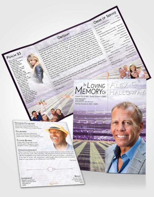 Obituary Funeral Template Gatefold Memorial Brochure Lavender Sunrise Baseball Serenity
