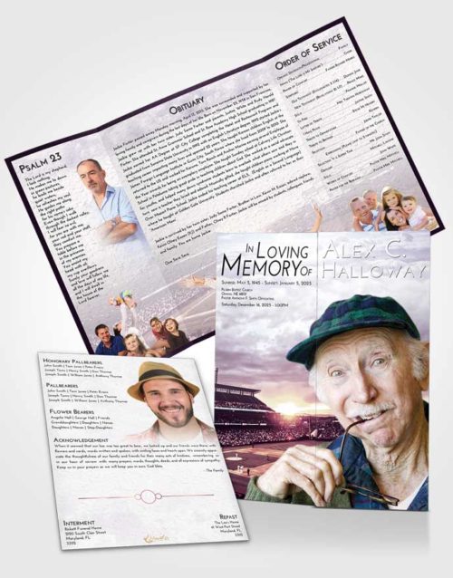 Obituary Funeral Template Gatefold Memorial Brochure Lavender Sunrise Baseball Stadium