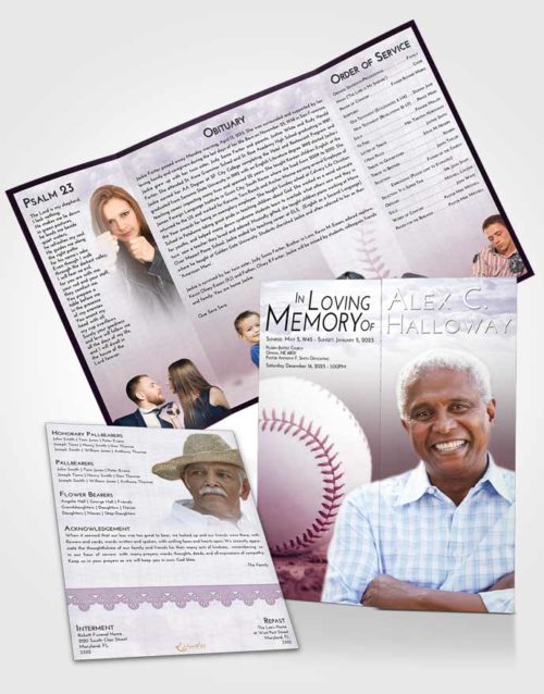 Obituary Funeral Template Gatefold Memorial Brochure Lavender Sunrise Baseball Victory