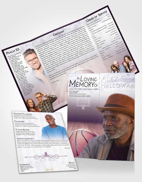 Obituary Funeral Template Gatefold Memorial Brochure Lavender Sunrise Basketball Dreams