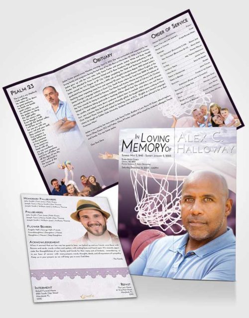 Obituary Funeral Template Gatefold Memorial Brochure Lavender Sunrise Basketball Swish