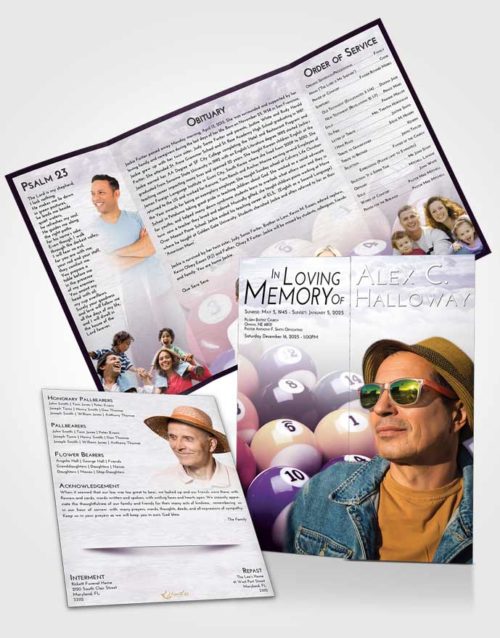 Obituary Funeral Template Gatefold Memorial Brochure Lavender Sunrise Billiards Serenity