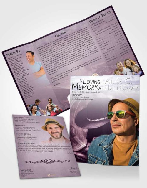 Obituary Funeral Template Gatefold Memorial Brochure Lavender Sunrise Cowboy Desire