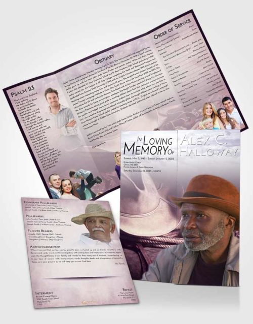 Obituary Funeral Template Gatefold Memorial Brochure Lavender Sunrise Cowboy Serenity