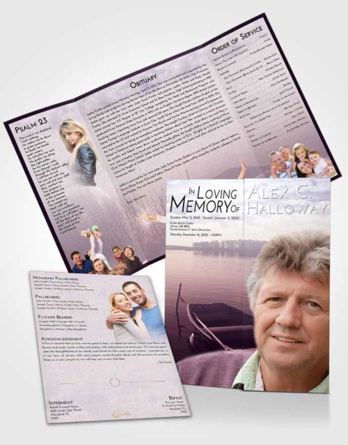 Obituary Funeral Template Gatefold Memorial Brochure Lavender Sunrise Fishing Boat