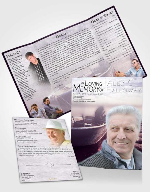 Obituary Funeral Template Gatefold Memorial Brochure Lavender Sunrise Fishing Life