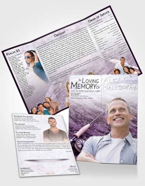 Obituary Funeral Template Gatefold Memorial Brochure Lavender Sunrise Fishing on the Rocks