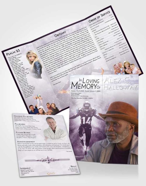 Obituary Funeral Template Gatefold Memorial Brochure Lavender Sunrise Football Serenity