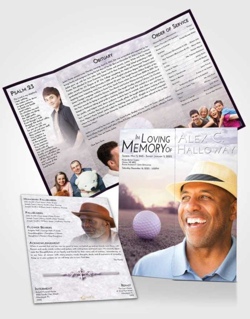 Obituary Funeral Template Gatefold Memorial Brochure Lavender Sunrise Golfing Honor