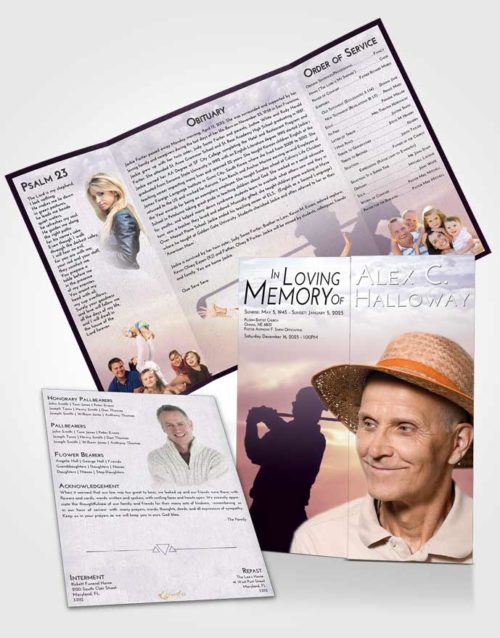 Obituary Funeral Template Gatefold Memorial Brochure Lavender Sunrise Golfing Peace