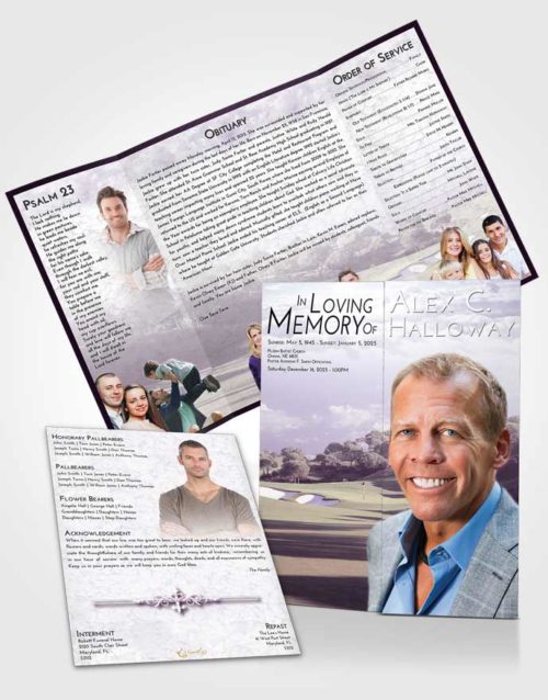 Obituary Funeral Template Gatefold Memorial Brochure Lavender Sunrise Golfing Sandtrap