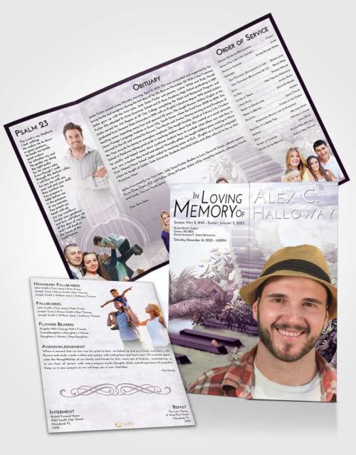 Obituary Funeral Template Gatefold Memorial Brochure Lavender Sunrise Jungle Music