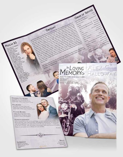 Obituary Funeral Template Gatefold Memorial Brochure Lavender Sunrise Motorcycle Days