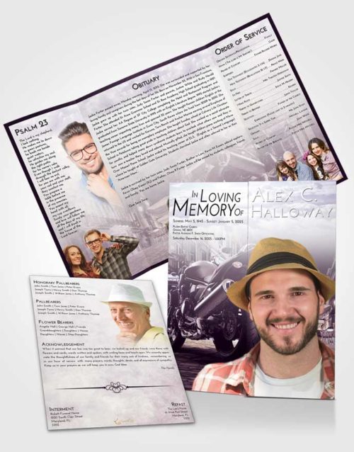 Obituary Funeral Template Gatefold Memorial Brochure Lavender Sunrise Motorcycle Dreams