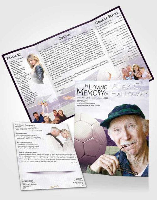 Obituary Funeral Template Gatefold Memorial Brochure Lavender Sunrise Soccer Love