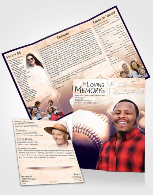 Obituary Funeral Template Gatefold Memorial Brochure Lavender Sunset Baseball Life