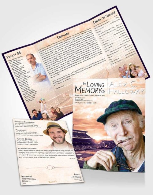 Obituary Funeral Template Gatefold Memorial Brochure Lavender Sunset Baseball Stadium