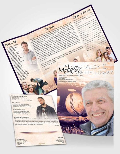 Obituary Funeral Template Gatefold Memorial Brochure Lavender Sunset Baseball Tranquility