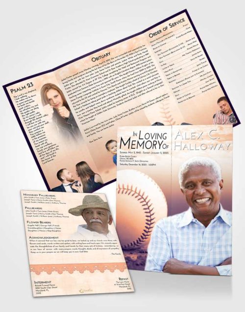 Obituary Funeral Template Gatefold Memorial Brochure Lavender Sunset Baseball Victory