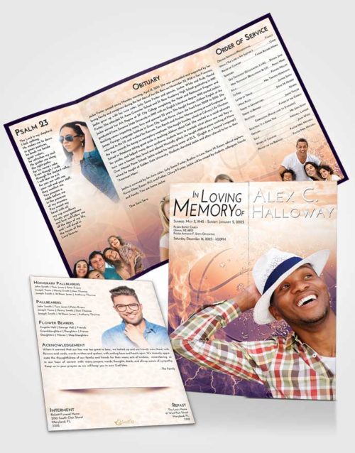 Obituary Funeral Template Gatefold Memorial Brochure Lavender Sunset Basketball Heat
