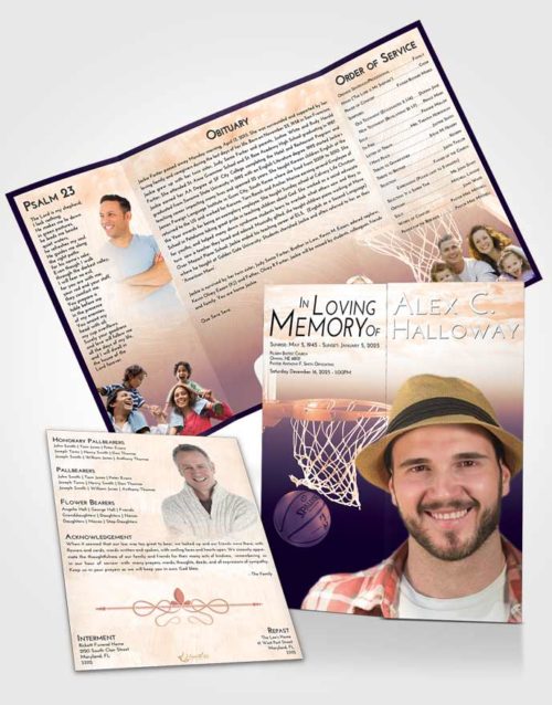 Obituary Funeral Template Gatefold Memorial Brochure Lavender Sunset Basketball Journey