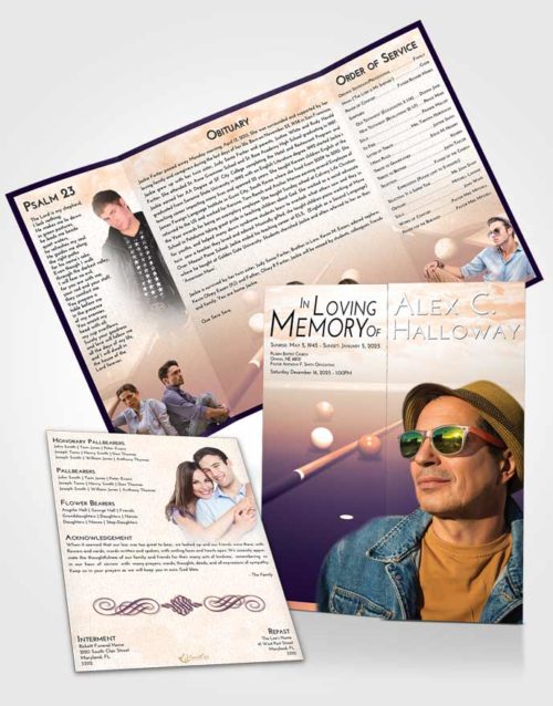 Obituary Funeral Template Gatefold Memorial Brochure Lavender Sunset Billiards Peace