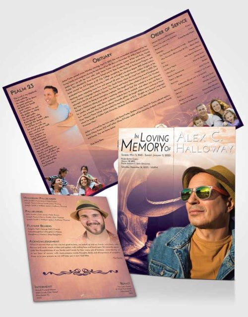 Obituary Funeral Template Gatefold Memorial Brochure Lavender Sunset Cowboy Desire