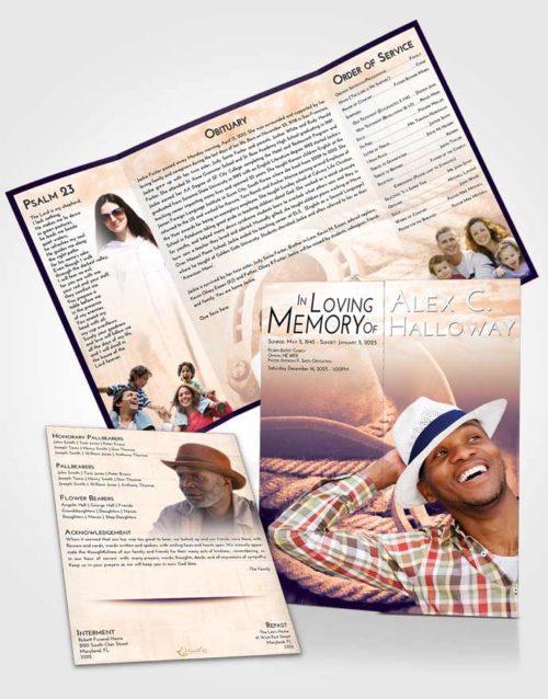 Obituary Funeral Template Gatefold Memorial Brochure Lavender Sunset Cowboy Divinity