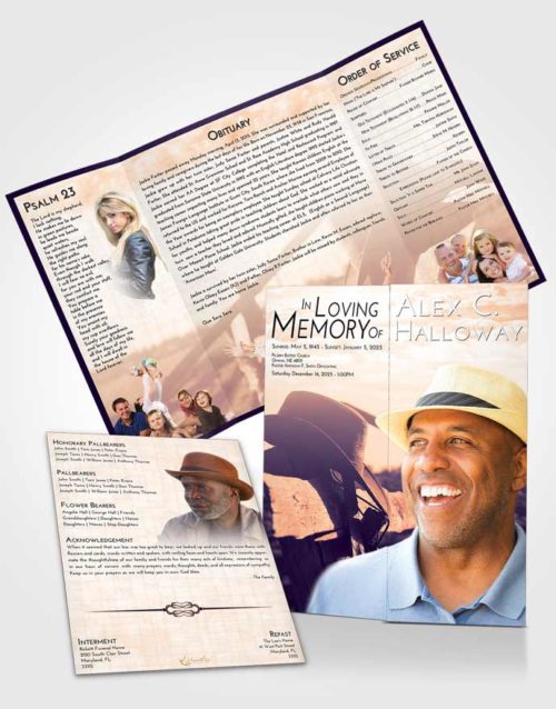 Obituary Funeral Template Gatefold Memorial Brochure Lavender Sunset Cowboy Honor