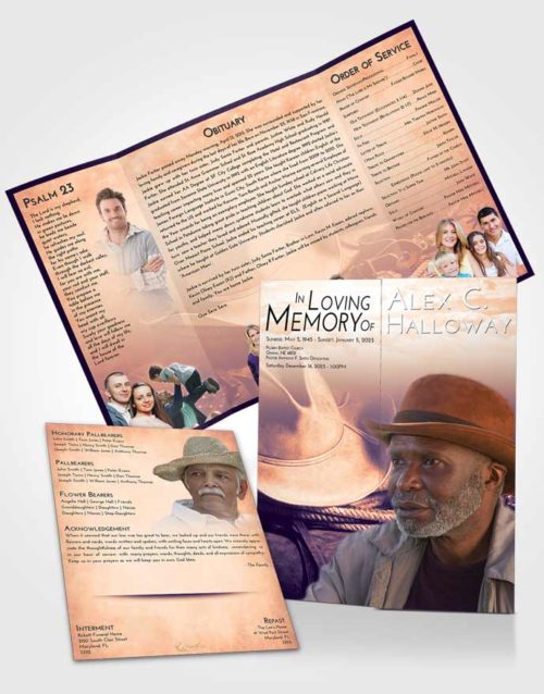 Obituary Funeral Template Gatefold Memorial Brochure Lavender Sunset Cowboy Serenity