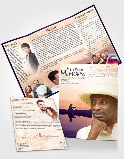 Obituary Funeral Template Gatefold Memorial Brochure Lavender Sunset Fish in the Water