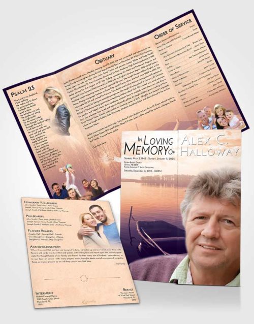 Obituary Funeral Template Gatefold Memorial Brochure Lavender Sunset Fishing Boat