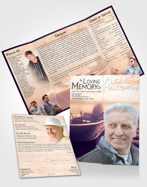 Obituary Funeral Template Gatefold Memorial Brochure Lavender Sunset Fishing Life