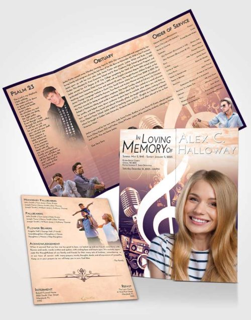 Obituary Funeral Template Gatefold Memorial Brochure Lavender Sunset G Clef