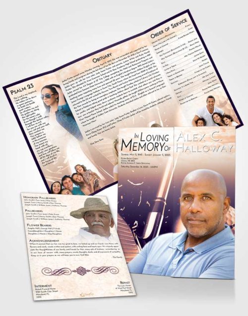 Obituary Funeral Template Gatefold Memorial Brochure Lavender Sunset Golf Swing