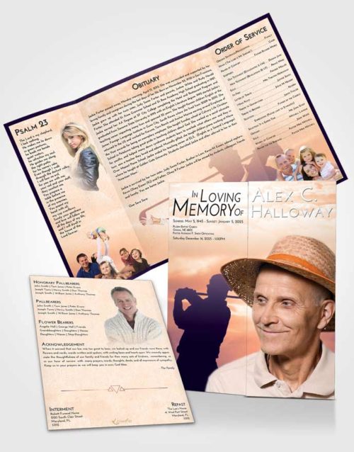 Obituary Funeral Template Gatefold Memorial Brochure Lavender Sunset Golfing Peace