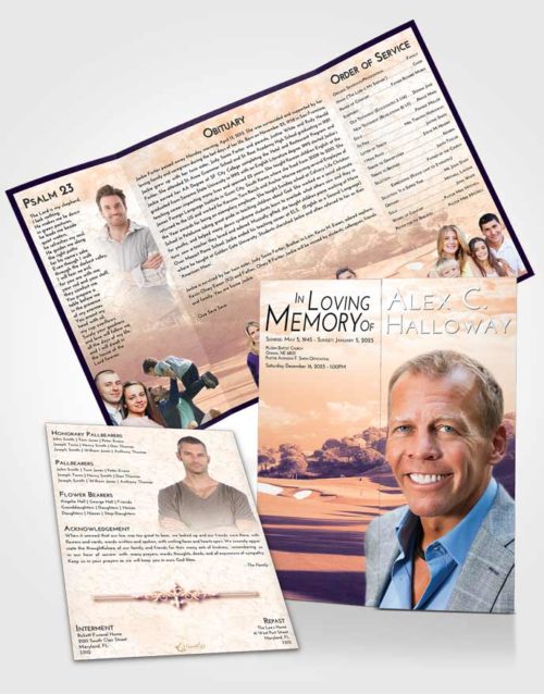 Obituary Funeral Template Gatefold Memorial Brochure Lavender Sunset Golfing Sandtrap