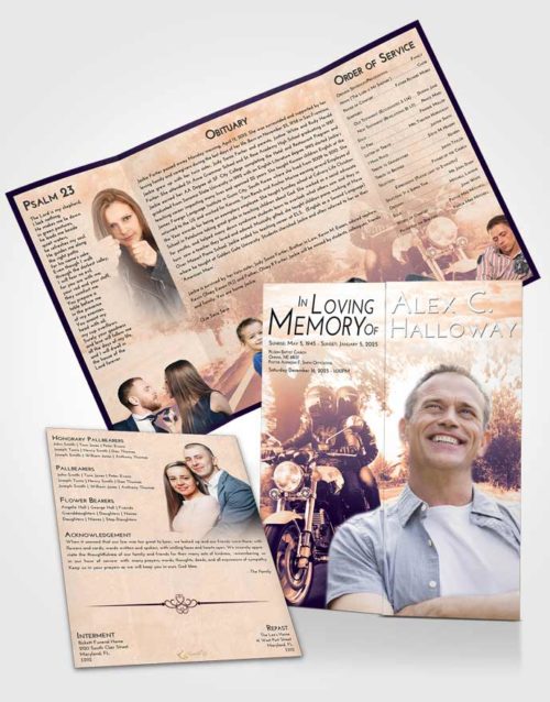 Obituary Funeral Template Gatefold Memorial Brochure Lavender Sunset Motorcycle Days
