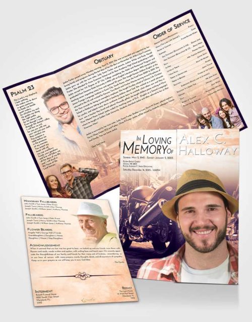 Obituary Funeral Template Gatefold Memorial Brochure Lavender Sunset Motorcycle Dreams