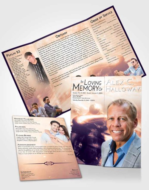 Obituary Funeral Template Gatefold Memorial Brochure Lavender Sunset Motorcycle Speed