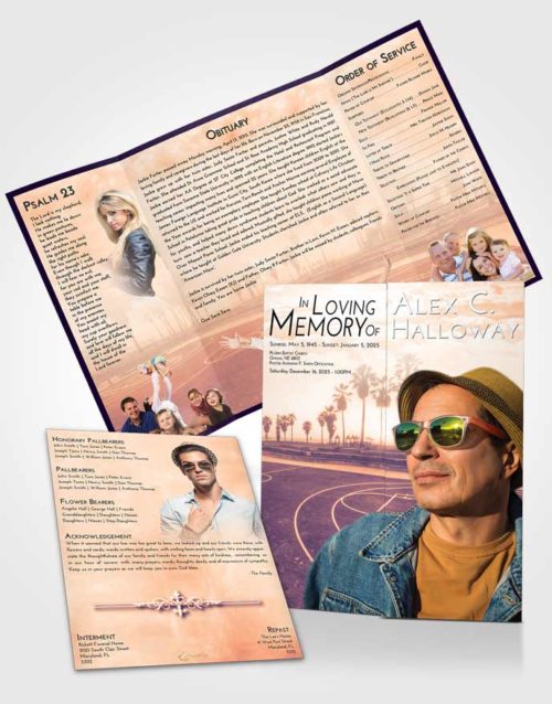 Obituary Funeral Template Gatefold Memorial Brochure Lavender Sunset On the Court