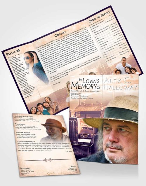 Obituary Funeral Template Gatefold Memorial Brochure Lavender Sunset Trucker Drive