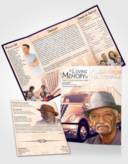 Obituary Funeral Template Gatefold Memorial Brochure Lavender Sunset Trucker Hours