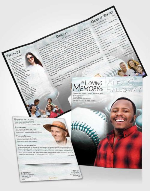Obituary Funeral Template Gatefold Memorial Brochure Loving Embrace Baseball Life