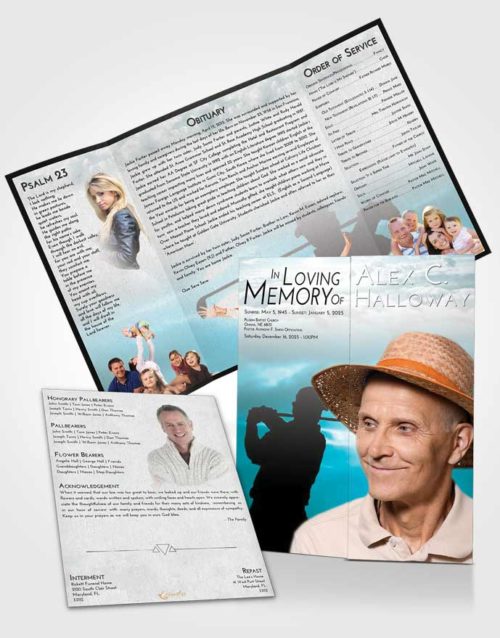 Obituary Funeral Template Gatefold Memorial Brochure Loving Embrace Golfing Peace