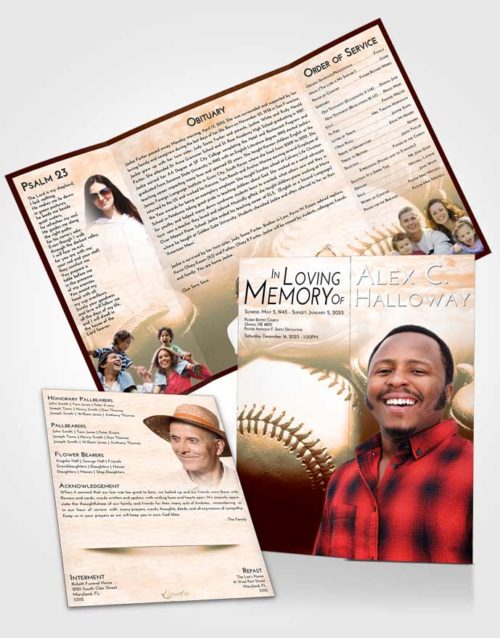 Obituary Funeral Template Gatefold Memorial Brochure Soft Dusk Baseball Life