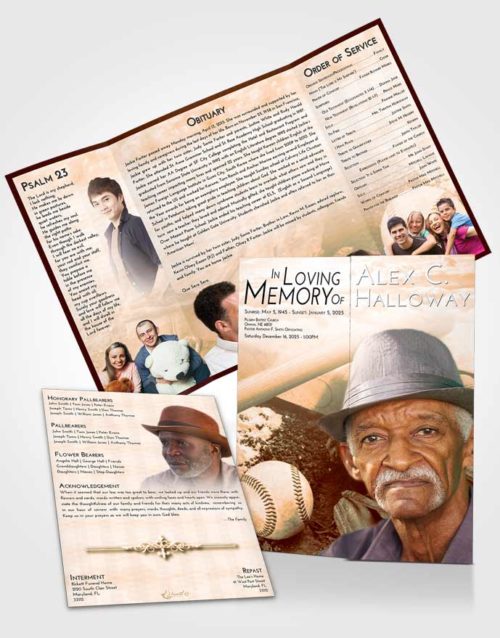 Obituary Funeral Template Gatefold Memorial Brochure Soft Dusk Baseball Peace